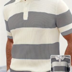 Men's Slim Fit Short Sleeve Lapel Knit Top - Spliced Acrylic Casual Shirt