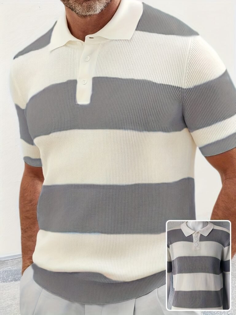 Men's Slim Fit Short Sleeve Lapel Knit Top - Spliced Acrylic Casual Shirt