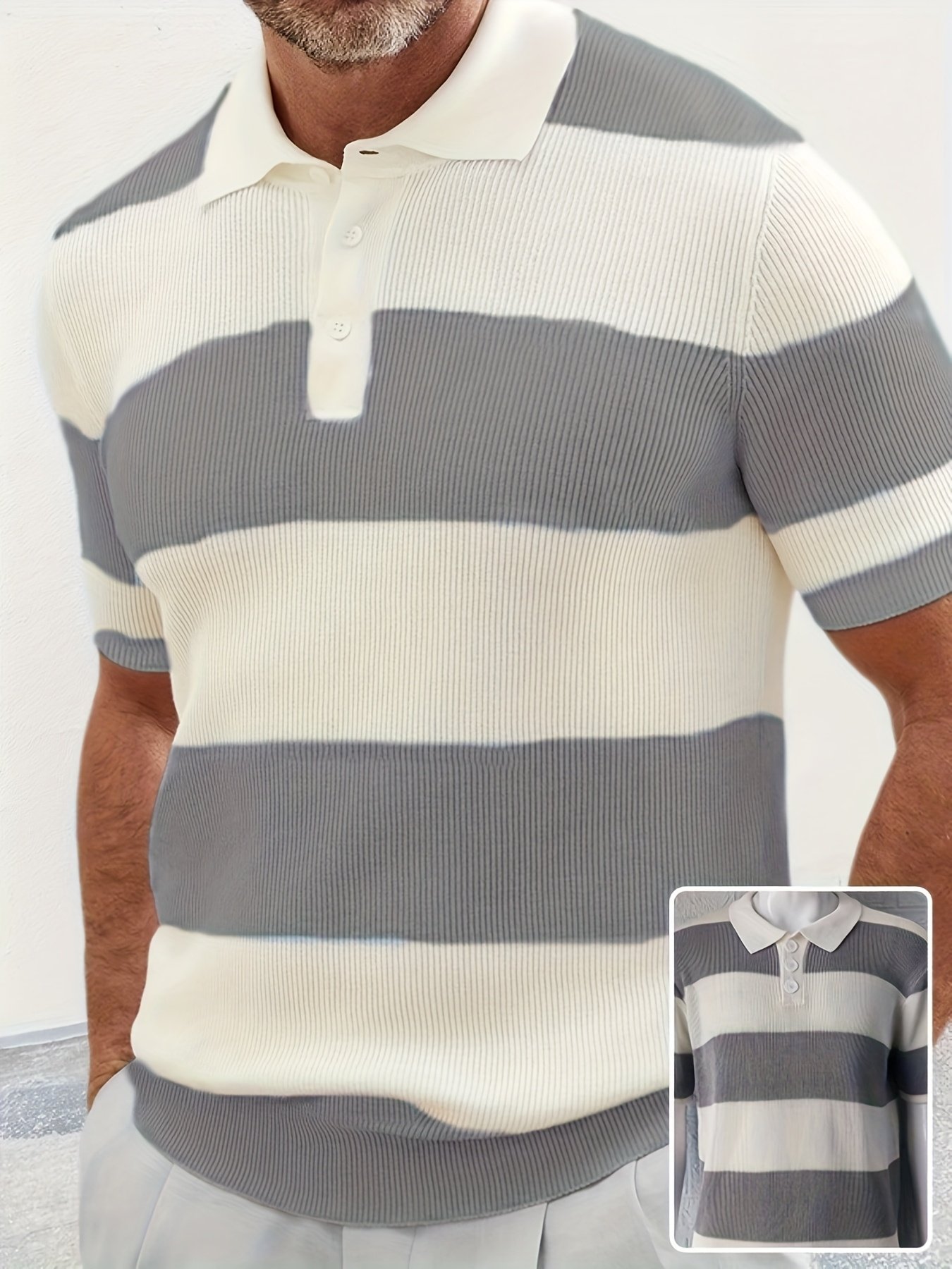 Men's Slim Fit Short Sleeve Lapel Knit Top - Spliced Acrylic Casual Shirt